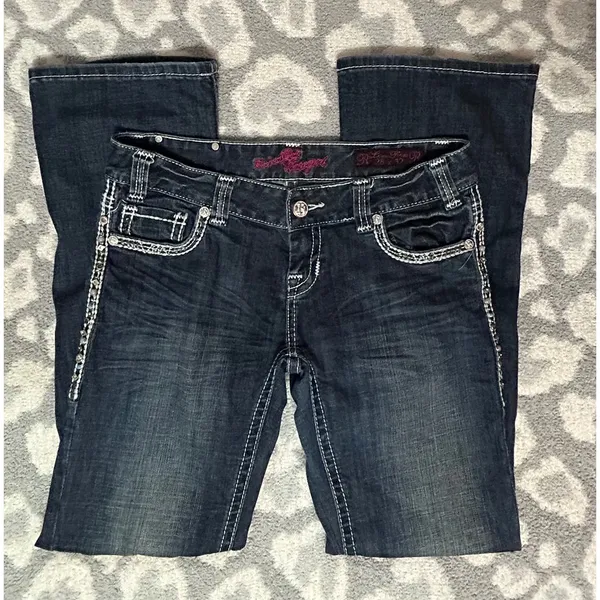 ROCK‎ & ROLL COWGIRL Jeans 28x32 Dark Wash Studded Side Seam Embellished Western - Image 5