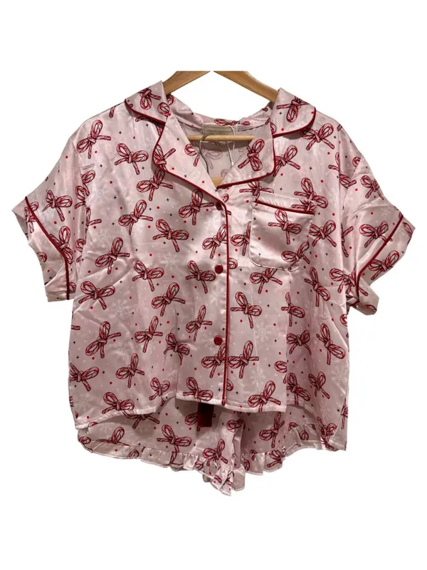 Simply Southern Candycane Bow Christmas Pajama Set Pink Satin XL Holiday PJs NWT - Image 3