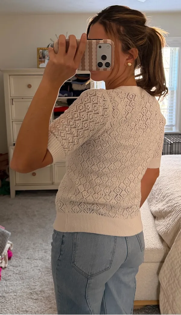 Loft White short sleeve knit button up top - Image 4