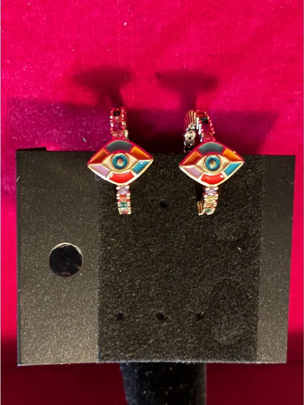 Colorful Enamel Evil Eye Gold Hoop Earrings with Rainbow Crystals - Image 2