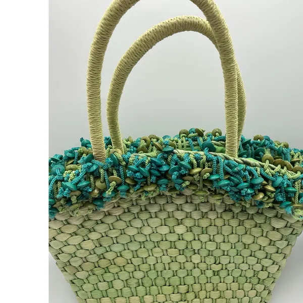 Woven straw tote bag with decorative trim and handles - Image 3