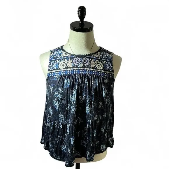 One September Embroidered‎ Tank Top Sleeveless Tiered Blue Floral Anthropologie - Image 2