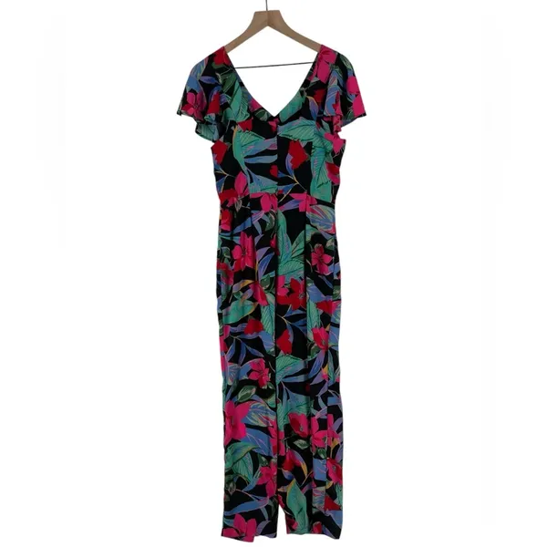 Cupio Tropical Floral Print Chiffon Ruffle Flutter‎ Sleeve V Neck Jumpsuit - Image 2