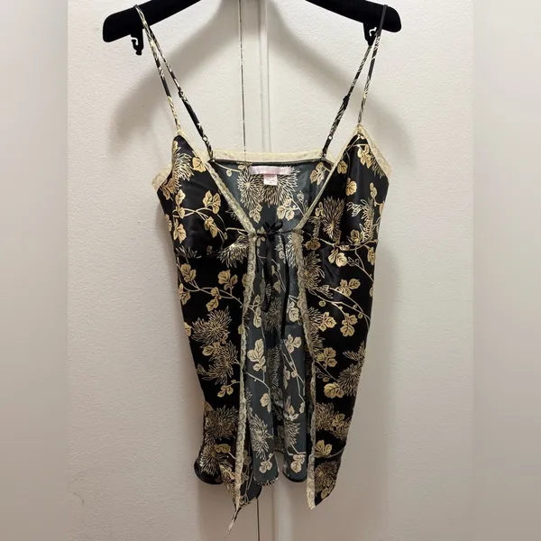 Victoria's Secret Babydoll Open Tie Front Cami Lingerie Top Black Gold Small Y2K - Image 2