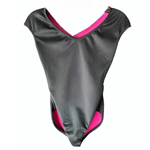 REVERSIBLE Bright Pink & Black Crisscross Open Back Micro Cap Sleeve Leotard - Image 5