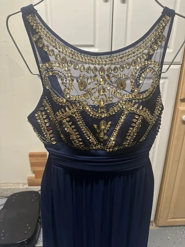 B Darlin Navy Maxi Dress with Gold Beaded Bodice - Image 3