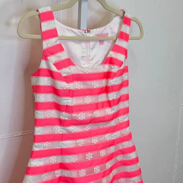 Lilly Pulitzer Joslin Fiesta Bright Pink White Floral Striped Joslin Dress Sz 4 - Image 5