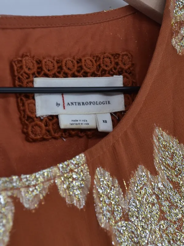 Anthropologie Jocasta Tiered Maxi Dress Burnt Orange Gold Metallic XS - Image 5