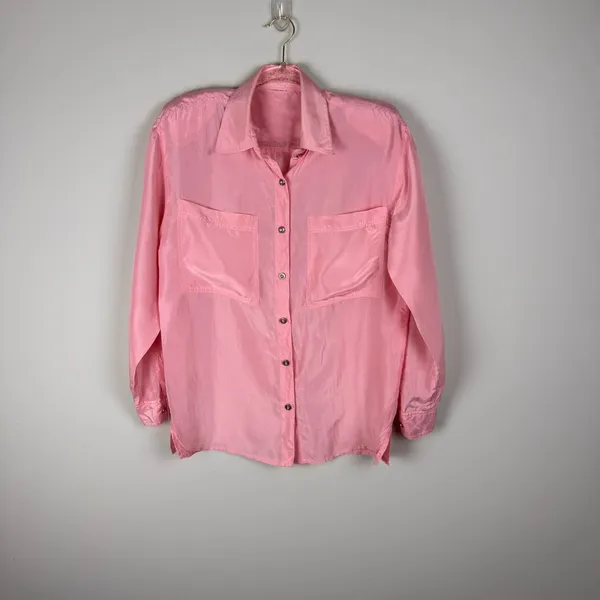 Vintage 100% Silk Blouse Button Down‎ Light Pink Sz Medium 90's Shoulder Pads - Image 11
