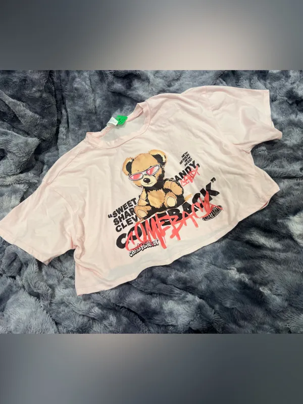 Bershka Pink Graphic Teddy Crop Top with Red Accents - Image 2