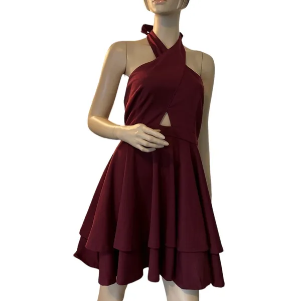 Kayla I Hillier For ALYCE Burgundy Halter Flare‎ Dress SZ L - Image 4