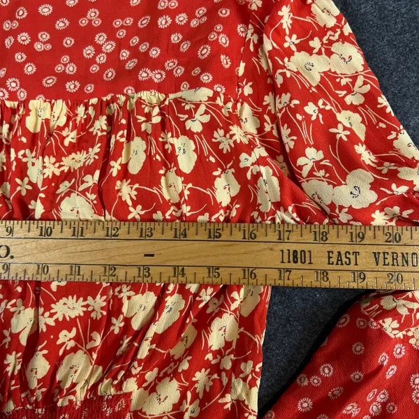 Free People Red Floral Mixed Print Blouse Flared Sleeve Smocked Back L Boho NWT - Image 7