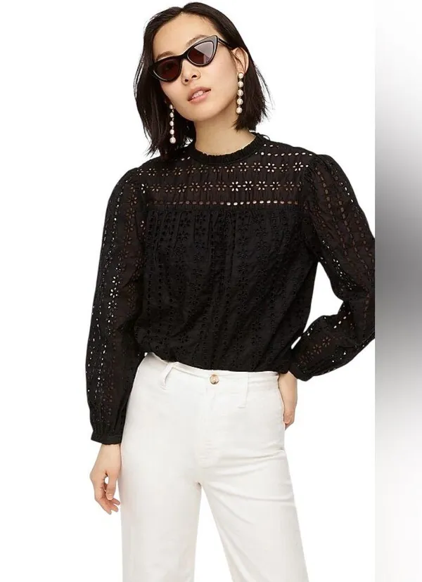 J. Crew White Eyelet Cotton Long Sleeve Tie Back Blouse - Image 10