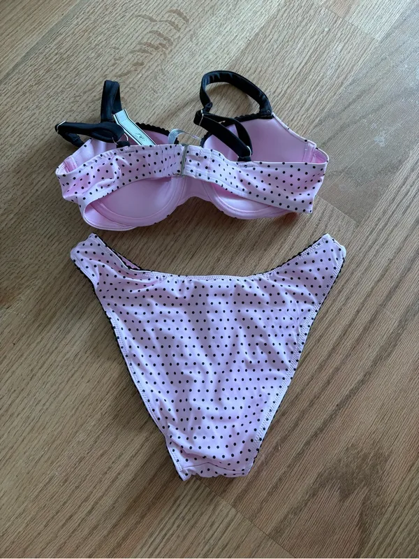 Pink Polka Dot Bikini Set with Black Trim - Image 4