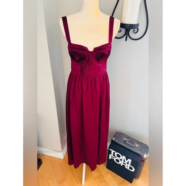 Astr The Label Pleated Bustier Midi Satin Dress, Burgundy, Size Small, NEW - Image 4