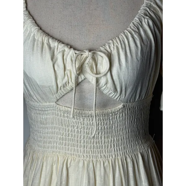 Sabo Mini Dress Women XS Ivory Linen Blend Smocked Puff Sleeve Boho Peasant - Image 8