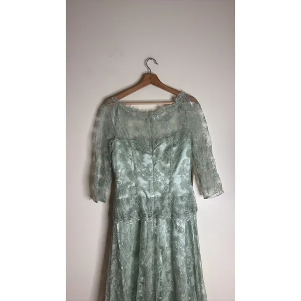vtg Cassandra Stone Dress Womens 8 Sage Green Lace Gown Formal‎ Evening Beaded - Image 8