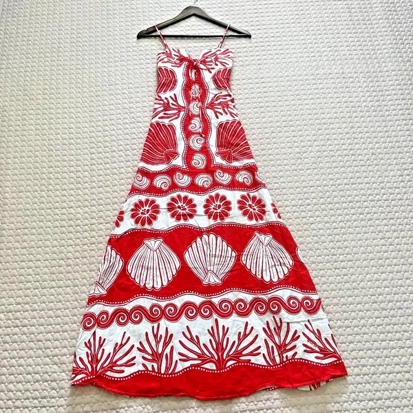 NWOT FARM RIO White Red Ainika Shell Maxi Dress Size M Linen Blend - Image 7