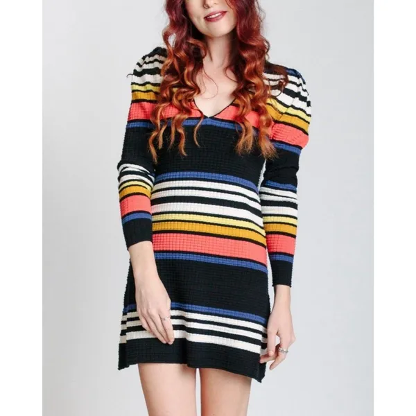 Free People Gidget Sweater Dress Striped Ribbed Puff Sleeve Mini Dress - Image 2