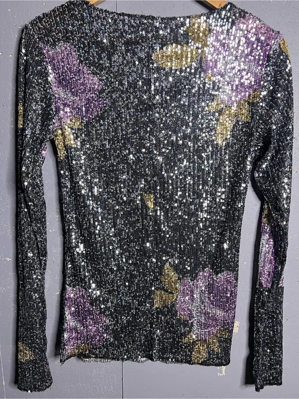 Free People Intimately Gold Rush Long Sleeve Sequin Top Black Combo. Small - Image 4