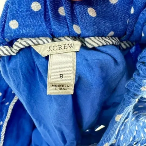 J CREW Mini Skirt Blue White Linen Polka Dot‎ Drawstring Size 8 Pull on Feminine - Image 6