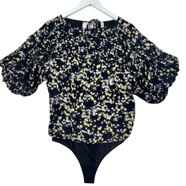 Free People Intimately‎ Bodysuit Floral Puff Sleeve Black Boho Top Womens S - Image 3