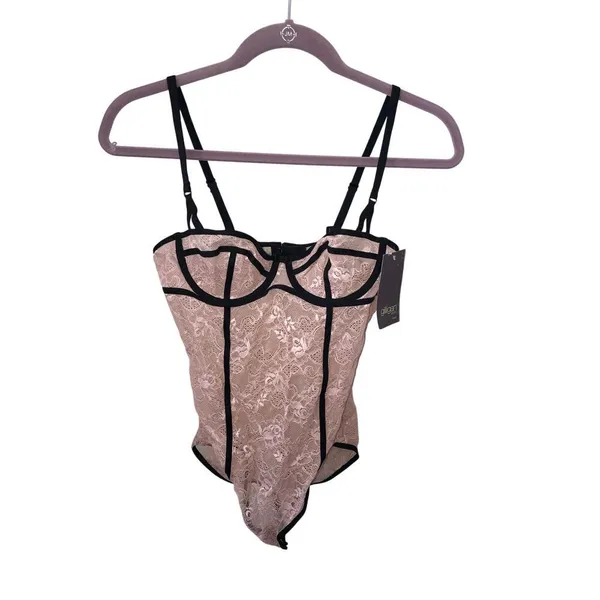 Coquette Pink Lace Bodysuit Contrast Black Piping Teddy Corset Top Y2K Dollette - Image 4