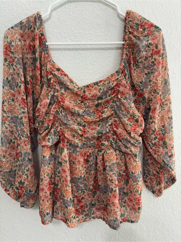 American Eagle Outfitters Peach Floral Ruched Peplum Blouse - Image 2