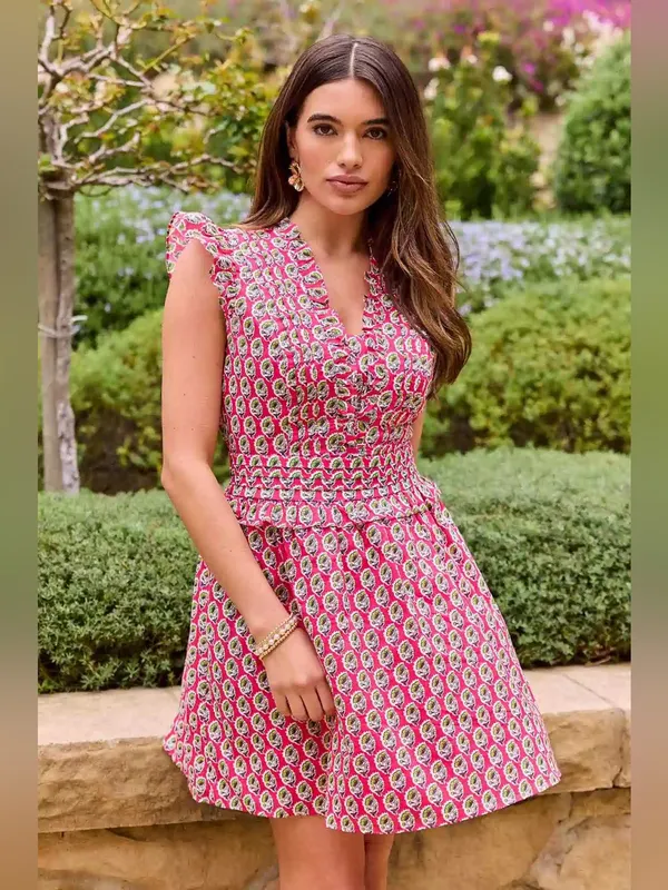 NWT Avara block print mini dress ruffle flutter sleeve floral pockets makayla - Image 2