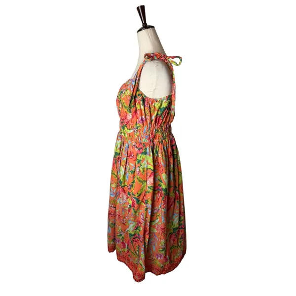 Lands' End Dress Women‎ Medium Orange Tropical Floral Smocked Tie Shoulder Midi - Image 3