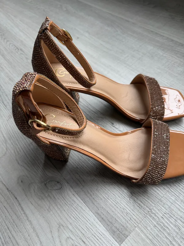 Rhinestone Block Heel Sandals Ankle Strap Brown Nude Sparkly Dress Heels - Image 2