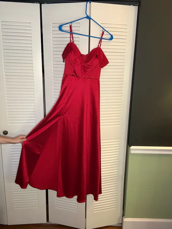 City Studios Red Satin Off The Shoulder Maxi Dress - Image 2