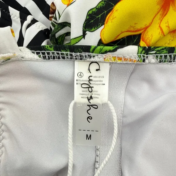 Cupshe Floral Striped One‎ Piece Halter Swimsuit NWT Yellow White Black MEDIUM - Image 6