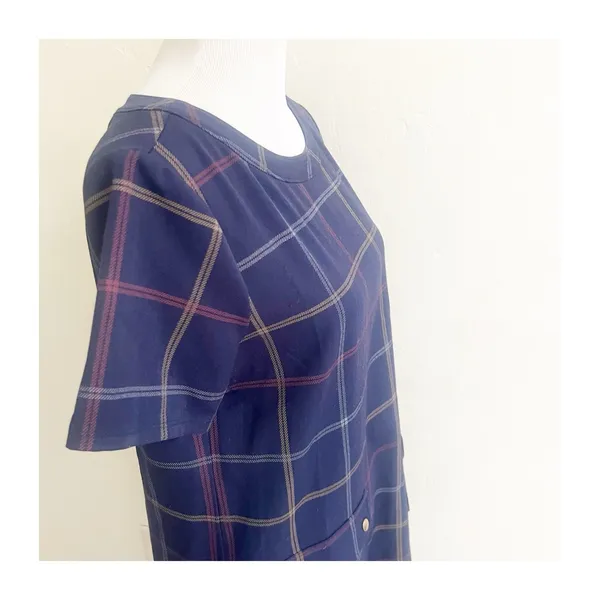 J. Crew Plaid Shift Dress Plaid Pocket Dress Short Sleeve Navy Sz 8 Preppy - Image 7