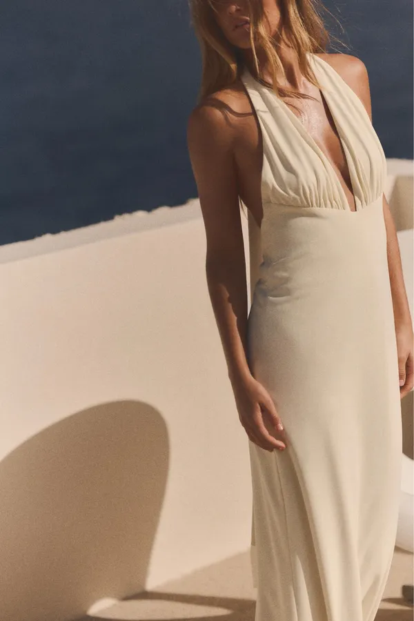 Zara Elegant Cream Halter plunge Neck Dress scarf maxi evening cocktail party - Image 7