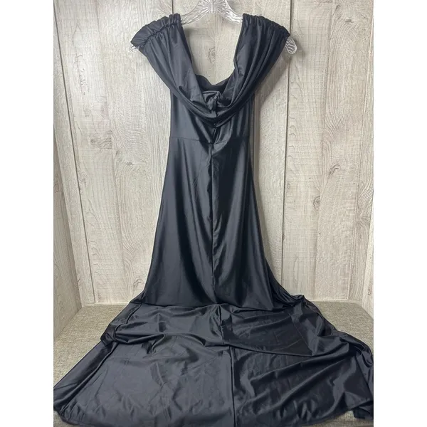 Black Off The Shoulder Ruched Maxi Dress High Slit Formal Gown Small - Image 3