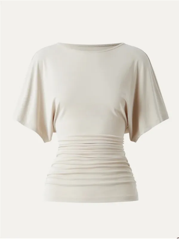 NWT Women’s OGL Short Sleeve Draped Ruched Tee Top Beige Size M - Image 5