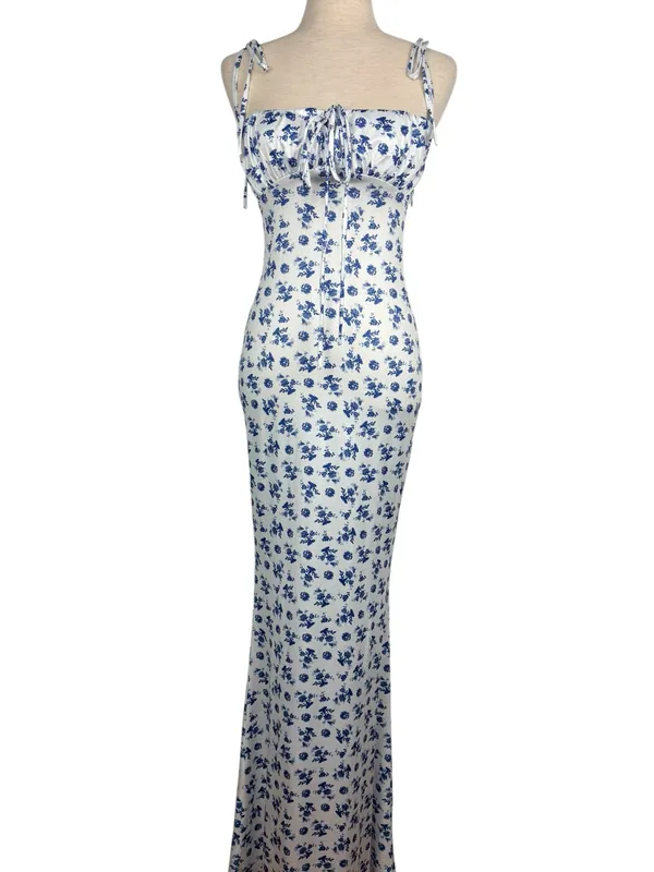 Floral Sleeveless Bustier Spaghetti Strap Bodycon Sexy Long Maxi Dress - Image 11
