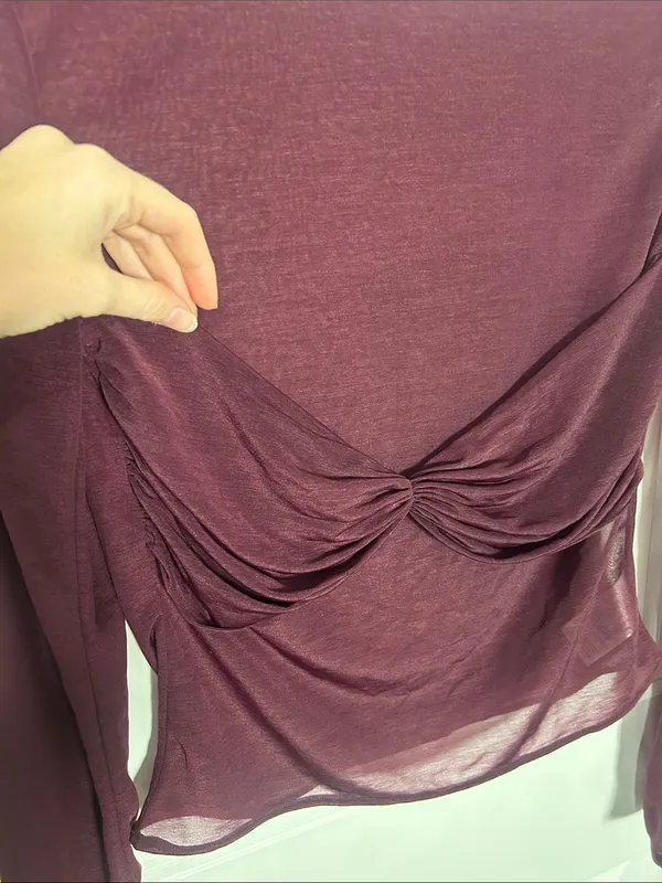 Edikted Sheer Twist-Front Long Sleeve Top in Maroon - Image 4