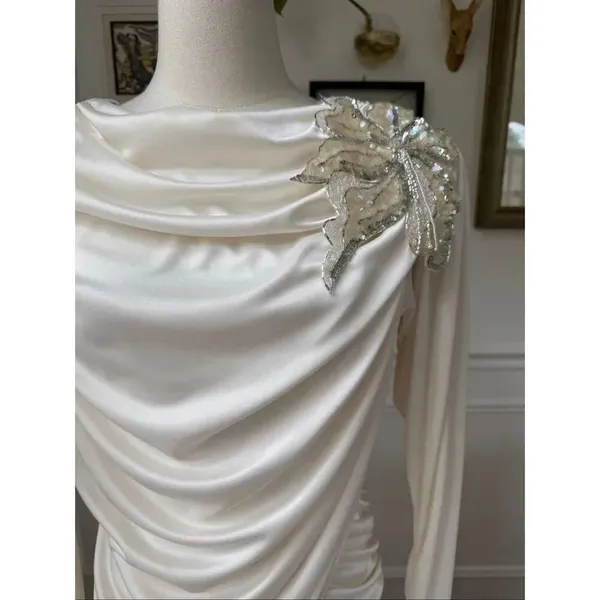 Vintage 80s Susan Roselli for Vijack Grecian Goddess Slinky Dress Ivory Rhinesto - Image 2