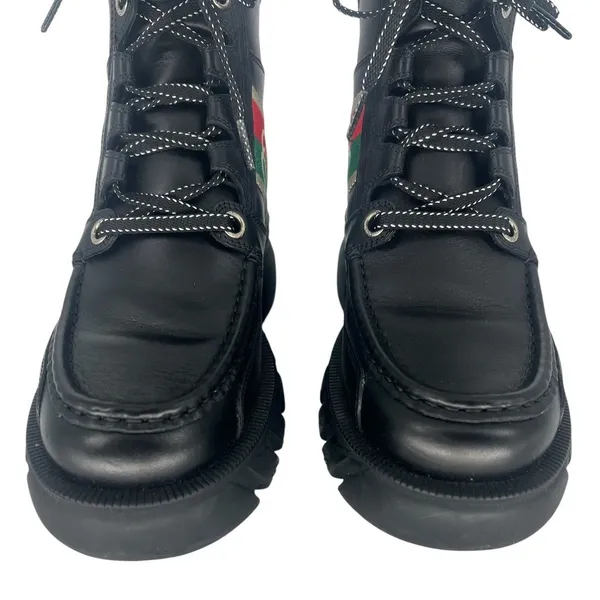 Gucci Romance‎ Web Stripe Lug Sole Leather Lace-Up Ankle Boot Black 38 - Image 9