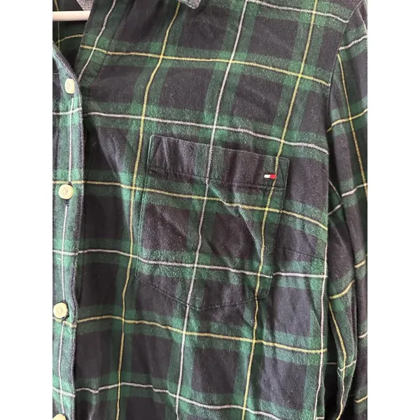 Tommy Hilfiger Top Women's Medium Green Button Down Plaid Long Sleeve Cotton - Image 2