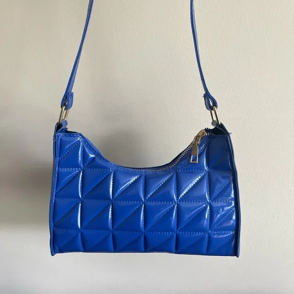 Shein Quilted Pattern Baguette Shoulder Bag Purse Blue Diamond Grid Zipper - Image 5