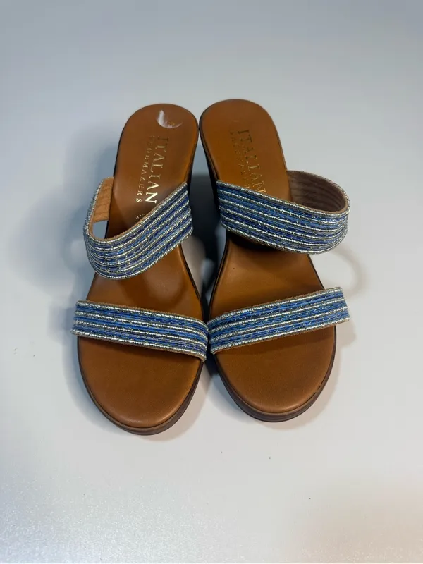 Italina Blue Striped Fabric Wedge Sandals - Image 3