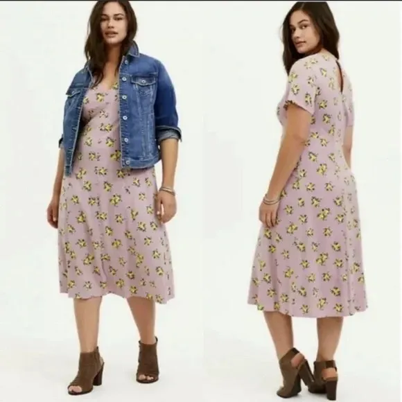 Torrid Floral Midi Dress Plus Size Mauve Lemon Print V Neck‎ Short Sleeve 0 12 - Image 2