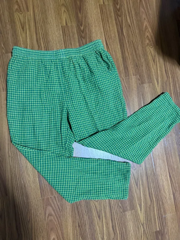 Gundrun Sjoden Lagenlook Organic Cotton Green Gingham Plaid Pants Medium. - Image 2