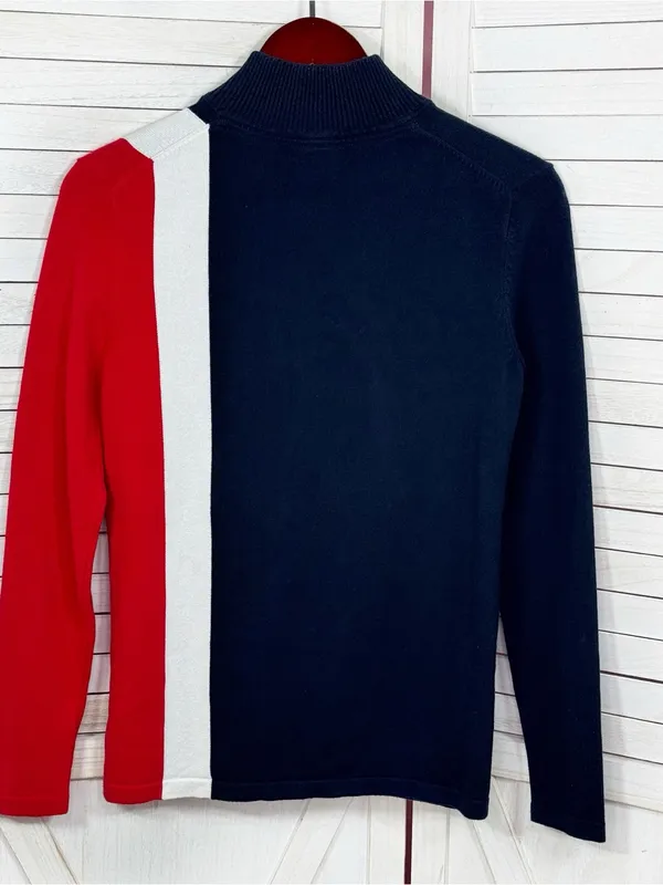 Tommy Hilfiger Quarter Zip Mock Neck Colorblock Logo Sweater Size Small Preppy - Image 8