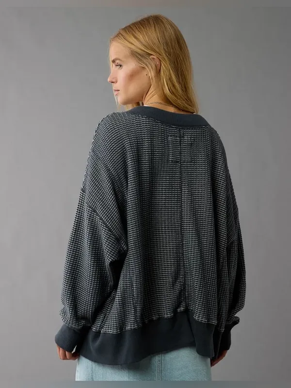 AE Big Hug V-Neck Waffle Navy Sweatshirt - Image 3