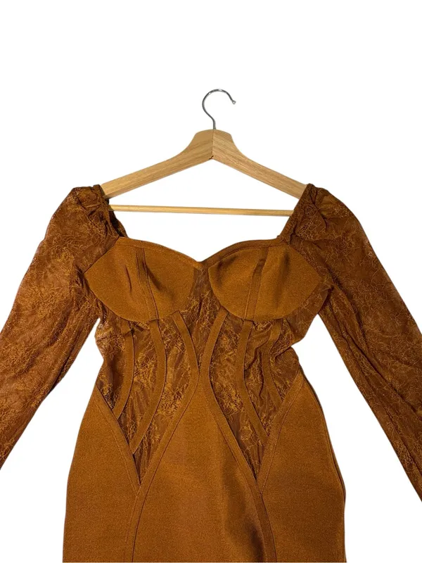 ASOS Womens 4 Bronze Brown Corset Mini Dress Lace Sleeve Sweetheart Gothic - Image 2