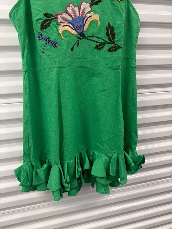 Fanm Mon Flirt Embroidered Ruffle Mini Dress Kelly Green Womens Size XS - Image 6